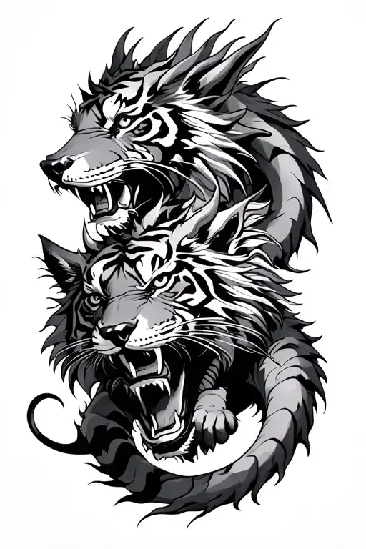 Dragon Wolf And Tiger Fighting