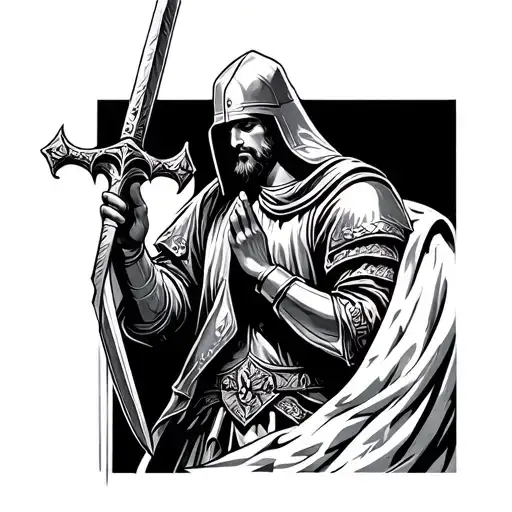 Crusader Knight Praying With Sword