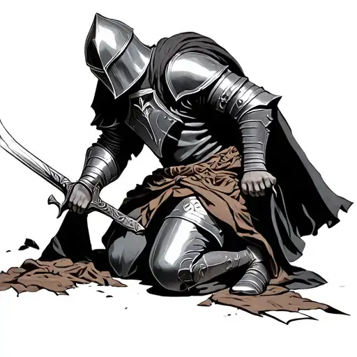 Crusader Knight Kneeling With Sword Piercing Ground With Cloth On Sword