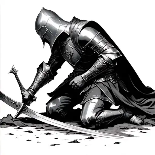 Crusader Knight Kneeling With Sword Piercing Ground With Cloth On Sword