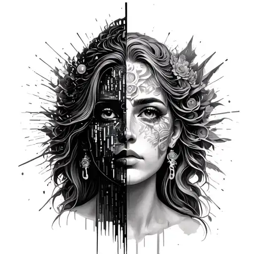 Female Deity With Half Of Her Face Being A Glitching Code