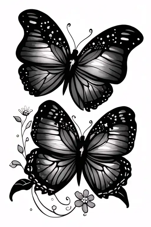 2 Small Butterflies With Sparkles And Whimsical Lines With Flowers