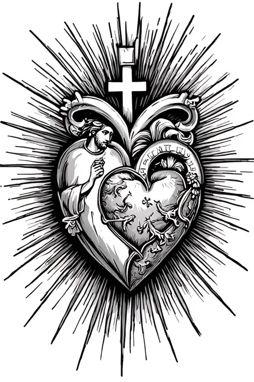 Greek Gods And A Heart With Rays And A Cross
