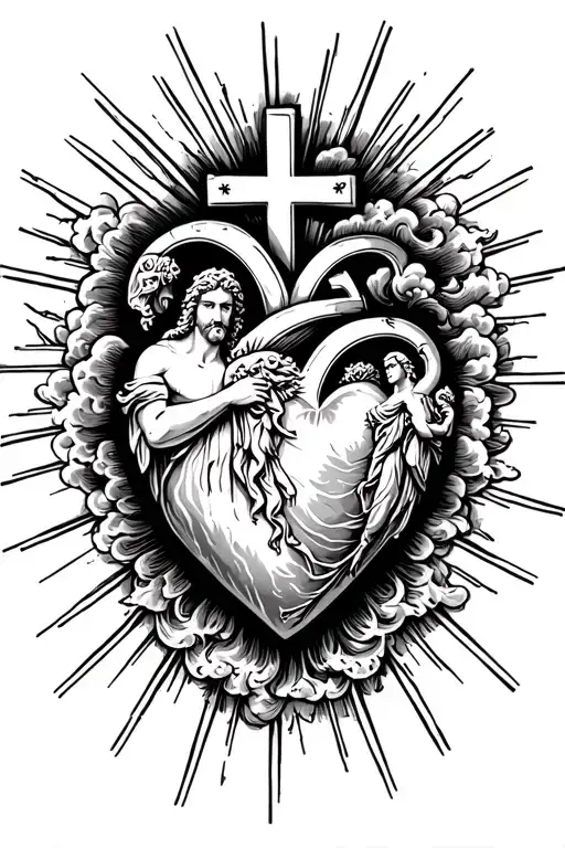 Greek Gods And A Heart With Rays And Clouds And A Cross