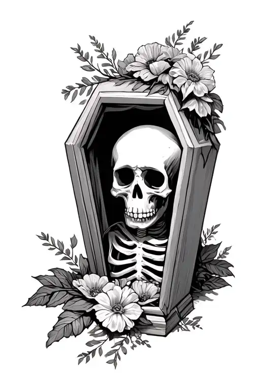 Depressed Skeleton In A Coffin With Flowers Coming Out Of It