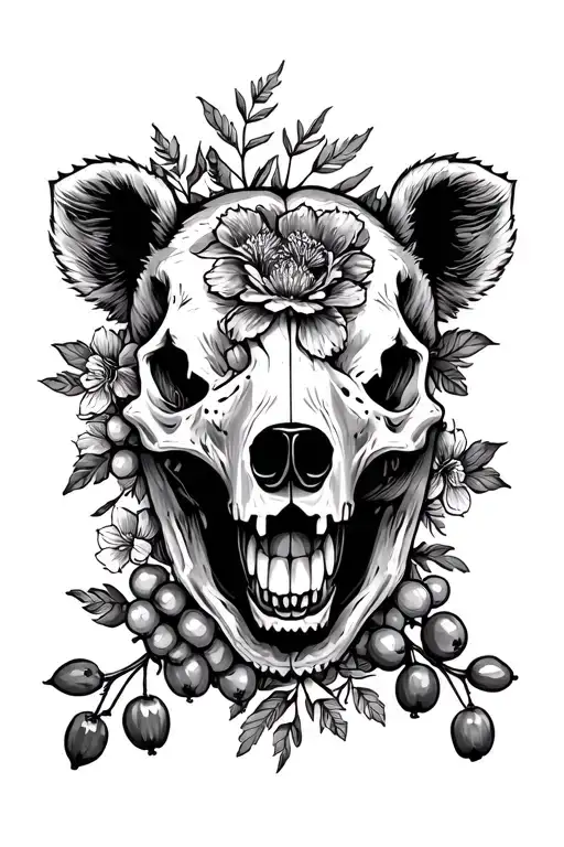 Bear Skull Surround By Berries And Flowers