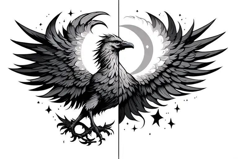 A Phoenix Bird With A Sun One Side And Moon And Starts The Other Side