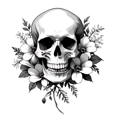 Skull And Flowers Blooming