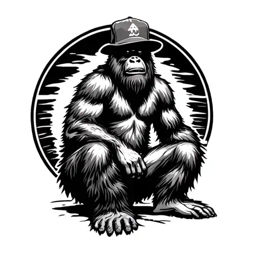 Saquatch Wearing Backwards Hat Sitting Surrounded