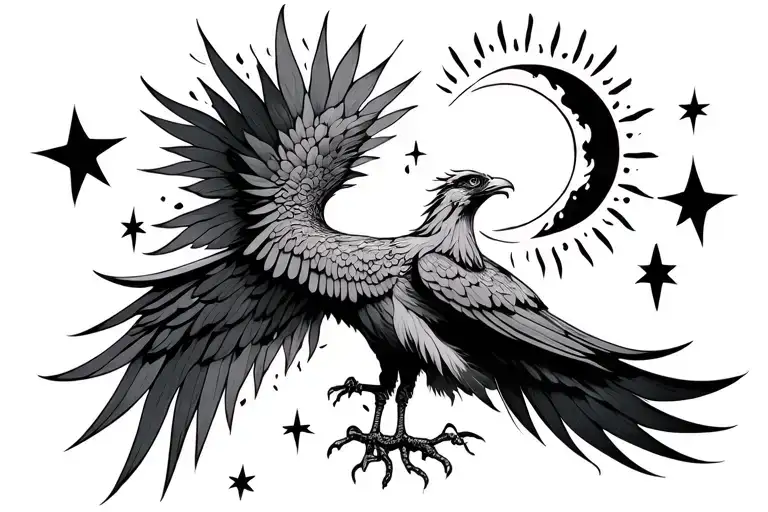 Phoenix Bird Sun Stars And Moon Surrounded