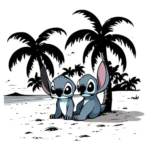 Black And White Disney Stitch With Scrump Sitting On A Beach Surrounded By Black And White Trees