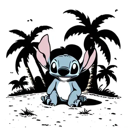 Black And White Disney Stitch With Scrump Sitting On A Beach Surrounded By Black And White Trees