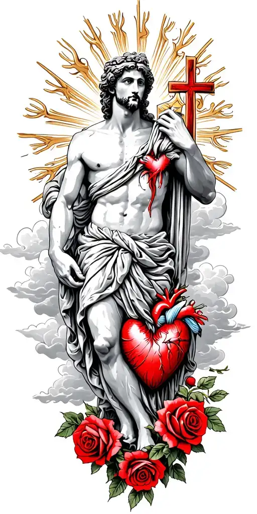 Greek God With A Heart With Rays And Clouds And A Cross With Lightly Red Colored Roses Throughout