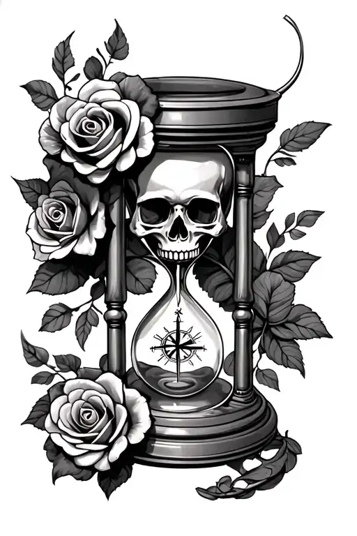 Hour Glass With Skull And Roses And Compass