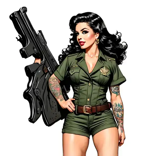 Brunette Pin Up Girl Wearing Sheriff Green Uniform And Duty Belt In Dress Shorts