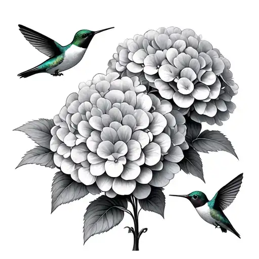 Large Hydrangea Flowers With Smallish Hummingbirds In The Foreground