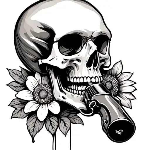 A Skelton With A Revolver In His Mouth Shooting A Flower Through His Skull