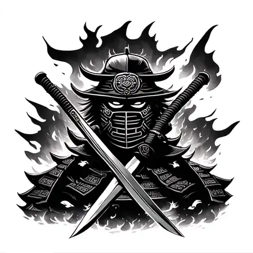 Katana In A Samurai Mask In Front Of A Burning Samurai Castle