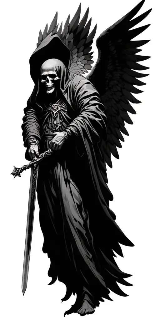 Hooded Angel Of Death Flying Holding A Sword