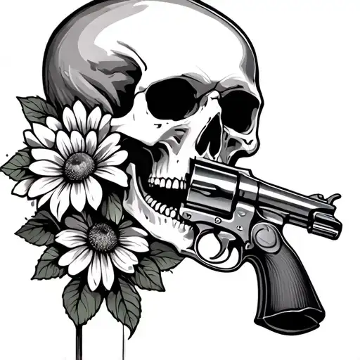 A Skelton With A Revolver In His Mouth Shooting A Flower Through His Skull