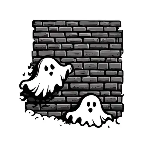 Brick Wall With Cartoon Ghosts Of Different Types