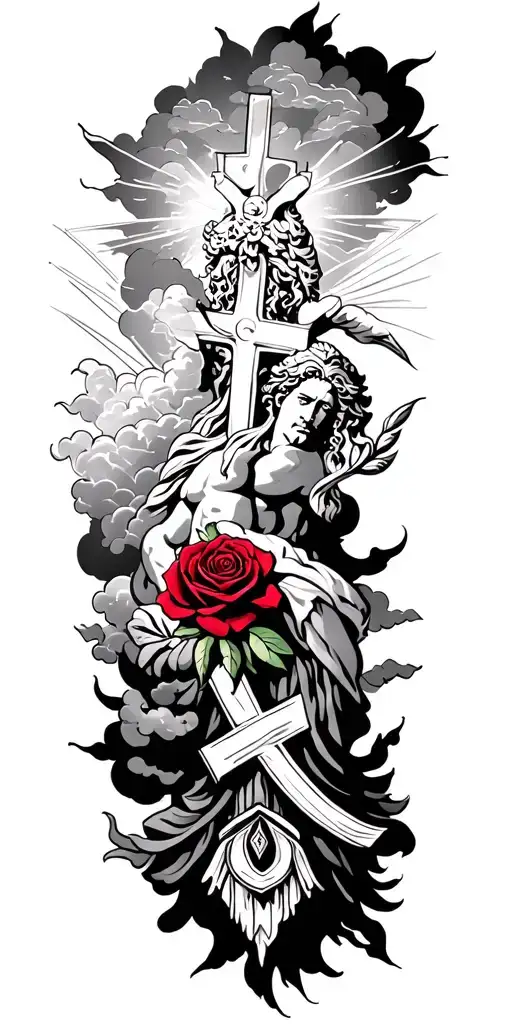 Greek Gods With Clouds With Rays And Clouds And A Cross And A Lightly Red Colored Rose
