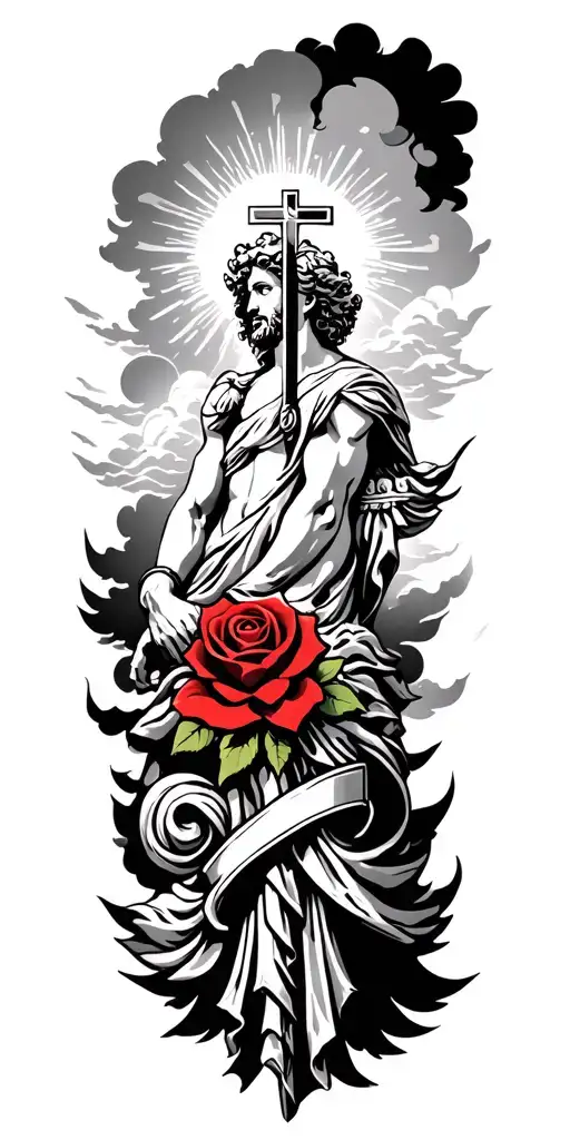 Greek Gods With Clouds With Rays And Clouds And A Cross And A Lightly Red Colored Rose