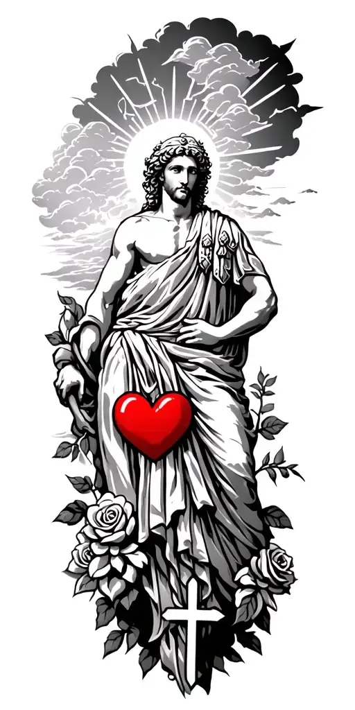 Greek Godsess With Clouds With Rays And Clouds And A Cross And A Lightly Red Colored Heart And Roses