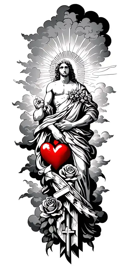 Greek Godsess With Clouds With Rays And Clouds And A Cross And A Heart With Rays And Roses