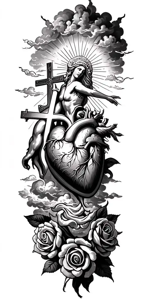 A Heart With Rays And Roses And Greek Godsess With Clouds With Rays And Clouds And A Cross