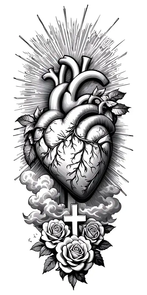 A Heart With Rays And Roses And Greek Godsess With Clouds With Rays And Clouds And A Cross