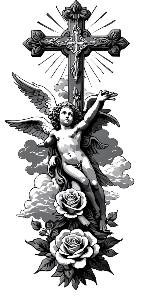 A Cross With Rays And Roses And A Cherub With Clouds With Rays And Clouds