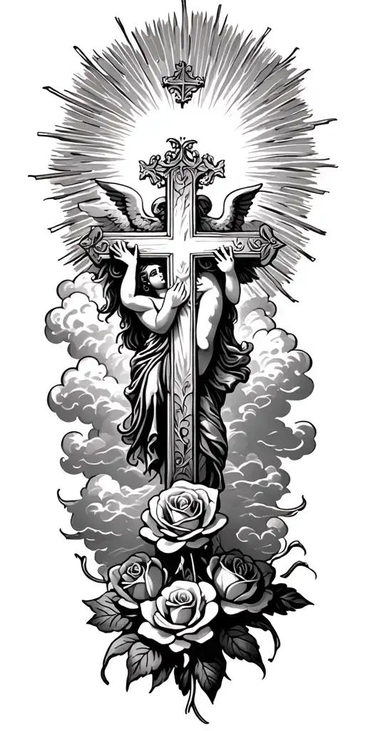 A Cross With Rays And Roses And A Cherub With Clouds With Rays And Clouds