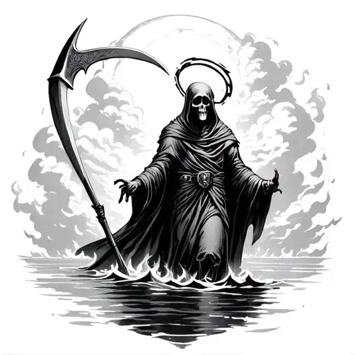 Grim Reaper With Halo And Scythe Walking Across Water With Clouds And Flames