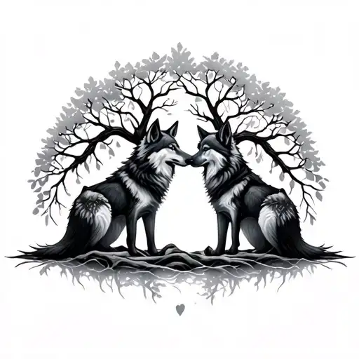 Eternal Love Wolves Lover Couple And The Tree Of Life
