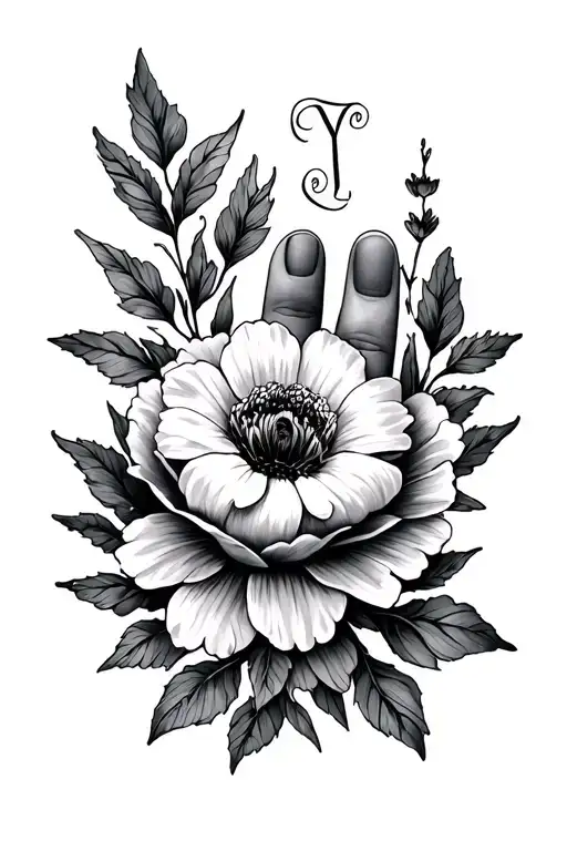 Initials On Inner Finger Tattoo With Birth Flower
