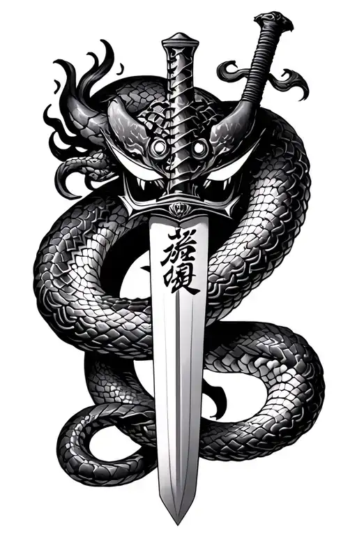 A Katana Sword Stabbed In The Floor With A Snake Wrapping Around It With A Oni Mask On Its Head