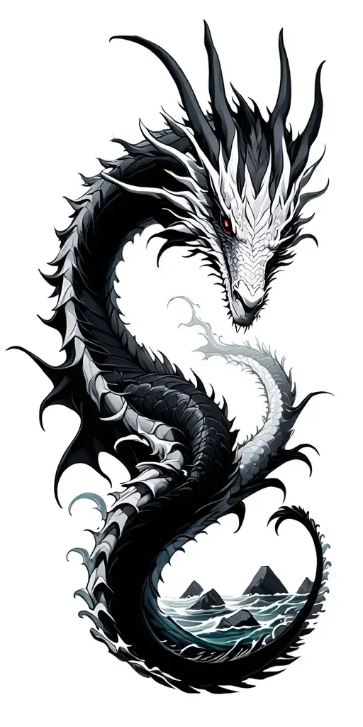 Black And White Dragon Emerging The Ocean With Rocks And Waves Around