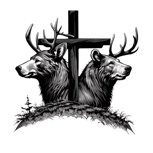 Bear And Buck Profile Together Under A Cross Being Watched Over By God