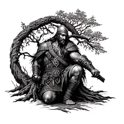 Viking Warrior Kneeling By Knotted Tree Of Life
