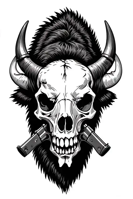 Bison Skulll With Crossed Revolvers And Broken Horns