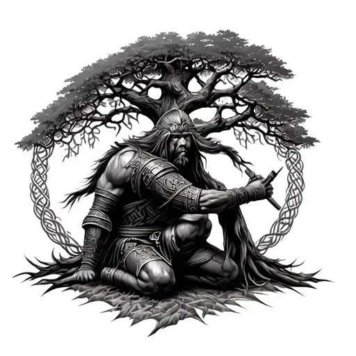 Viking Warrior Kneeling By Knotted Tree Of Life