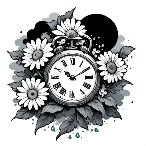 Time Piece With Daisy Flowers And Clouds Surrounding