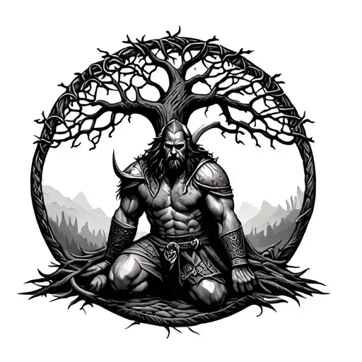Viking Warrior Kneeling By Knotted Tree Of Life