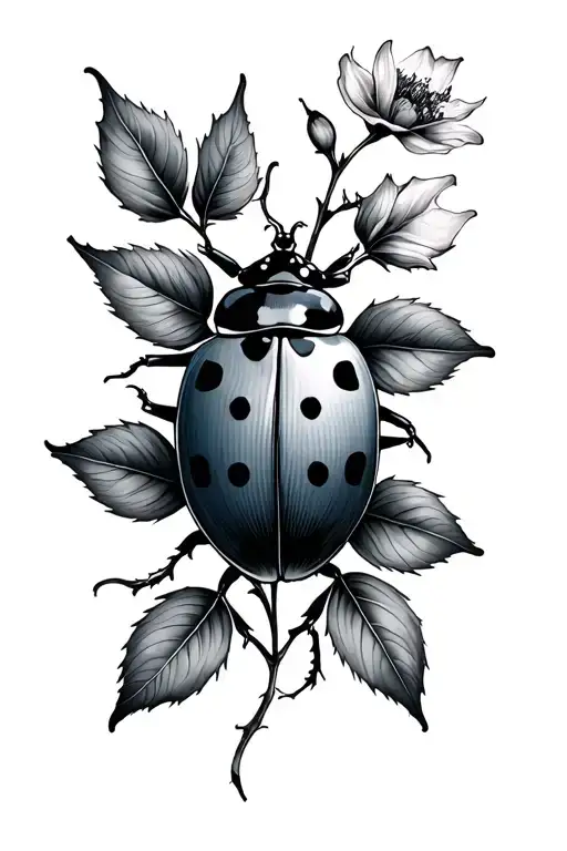 Minimalist Spine Tattoo Ladybug With Leaves Flower