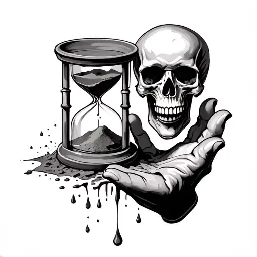 Hand Holding An Hour Glass Broken With Sand Falling Out And A Skull
