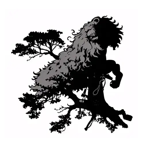 A Detailed Silhouette Of An Arborist Climbing A Tall Tree With A Lion's Mane Flowing In The Wind