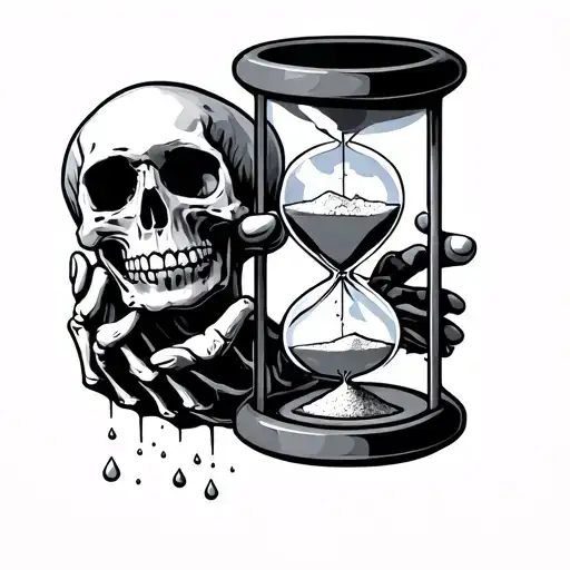 Skeleton Hand Holding An Hour Glass Broken With Sand Falling Out And A Skull