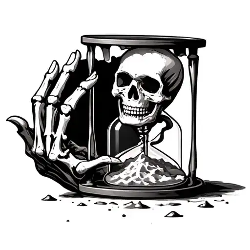 Skeleton Hand Holding An Hour Glass Broken With Sand Falling Out And A Skull