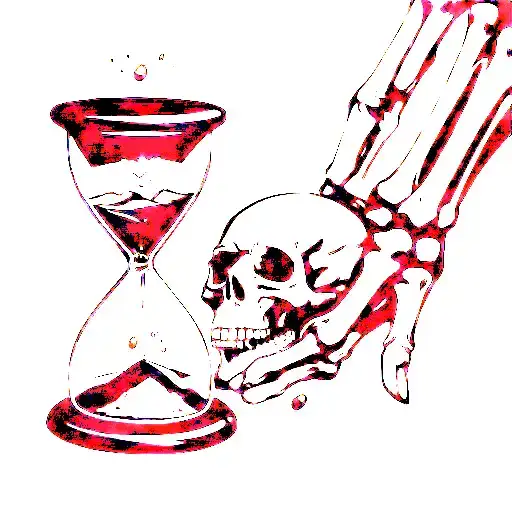 Skeleton Hand Holding An Hour Glass Broken With Sand Falling Out And A Skull